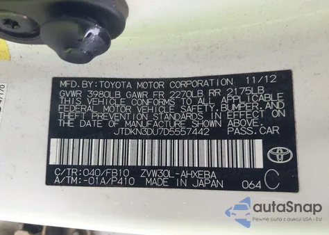 2013 Toyota Prius Two z USA, uszkodzony, nr VIN JTDKN3DU7D5557442